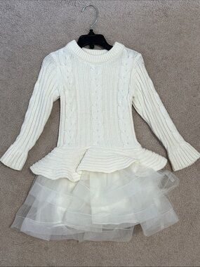 IRIS & IVY Cream Cable Knit Peplum Sweater Dress with Tulle Skirt